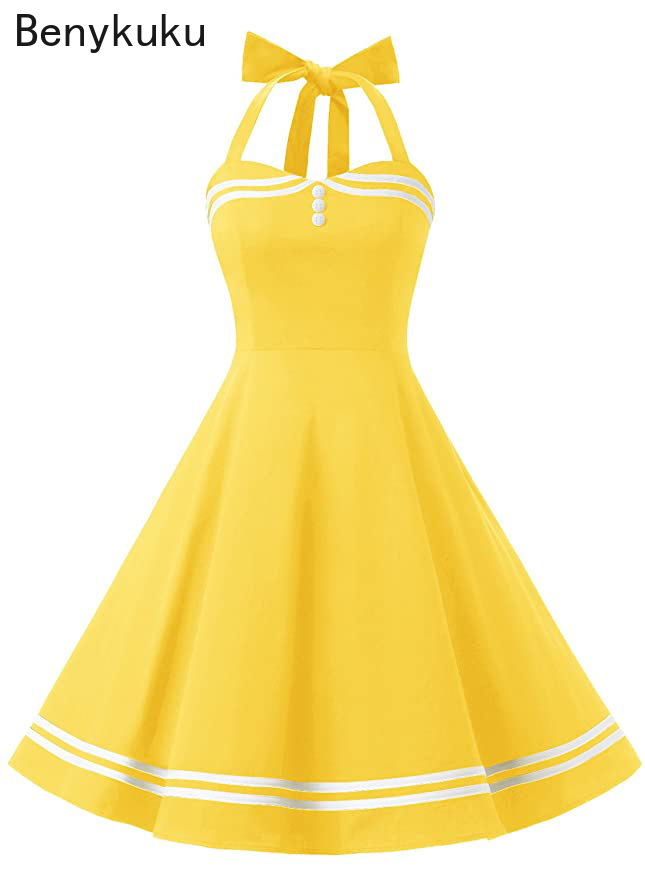 Yellow Summer Clothing - Vintage Halter Yellow Dress Sexy Retro
