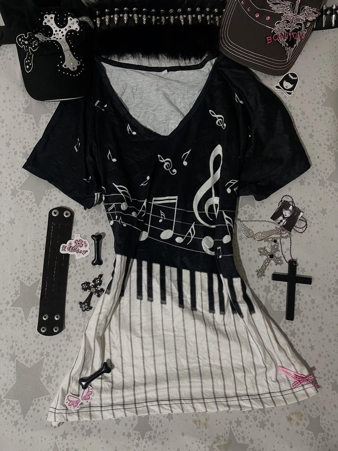 Y2K Gothic Music Tee Piano Key - Summer Grunge Clothing review and price