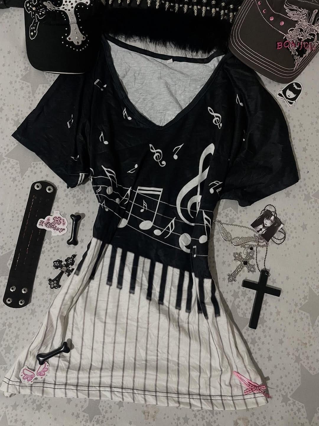 Y2K Gothic Music Tee Piano Key - Summer Grunge Clothing review and price