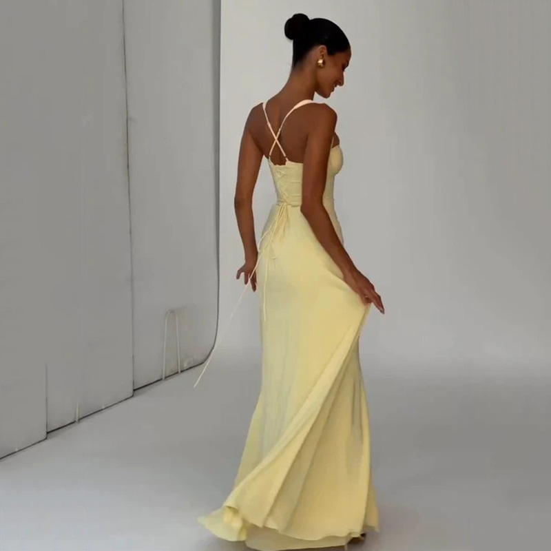 Yellow Low Cut Backless Lace U - Yellow Summer Clothing review and price